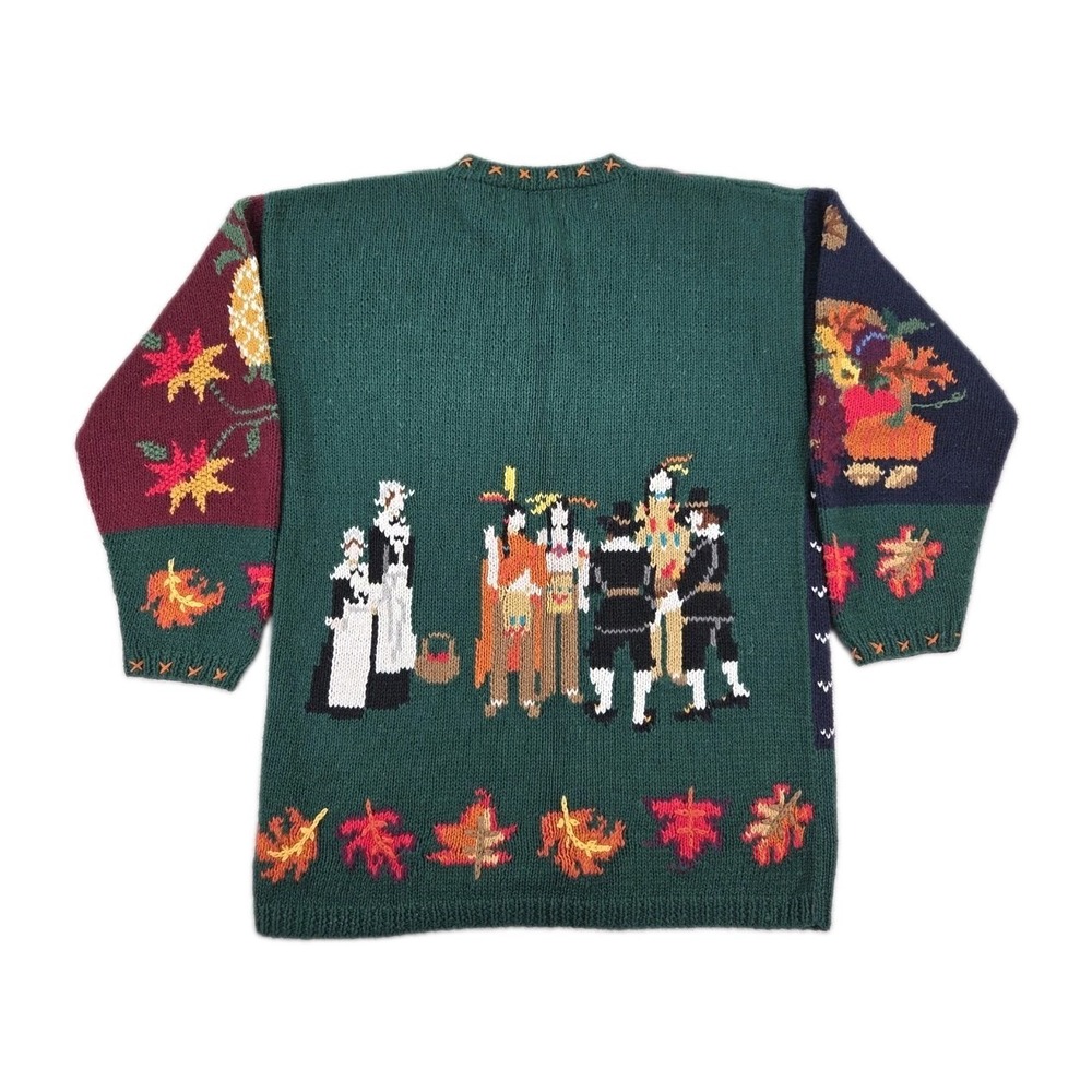 Vintage Thanksgiving Cardigan Sweater Autumn Fall Medium Oversized Turkey Leaves - Picture 2 of 8